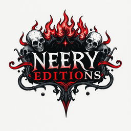 A hand-drawn logo inspired by themes of death and hell, featuring elements such as ominous skulls, swirling flames, and dark shadows