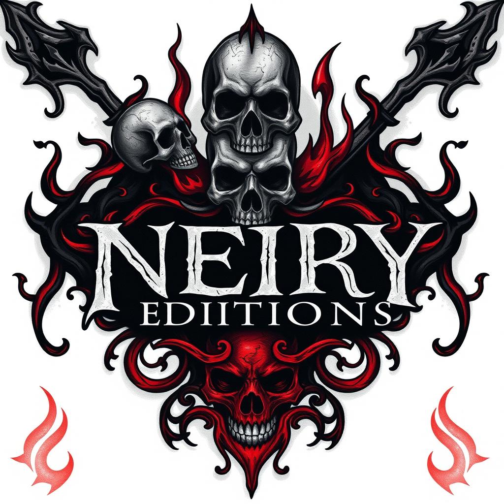 A hand-drawn logo inspired by themes of death and hell, featuring elements such as ominous skulls, swirling flames, and dark shadows