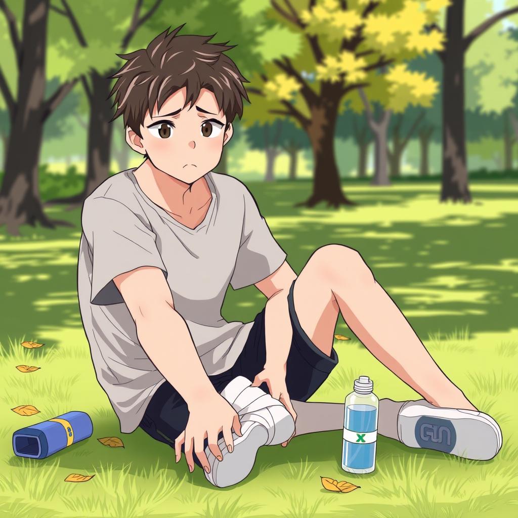 A male character sitting on the ground, holding his injured ankle with a concerned expression