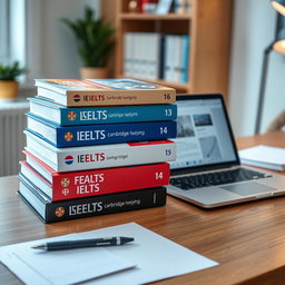 A neat study desk setup featuring three IELTS preparation books: Cambridge IELTS 13, 14, and 16 stacked on top of each other