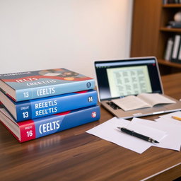 A neat study desk setup featuring three IELTS preparation books: Cambridge IELTS 13, 14, and 16 stacked on top of each other