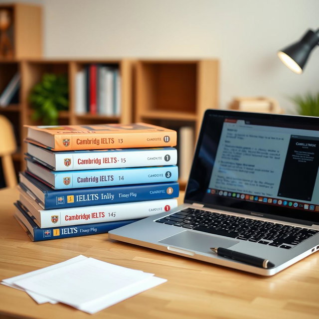 A neat study desk setup featuring three IELTS preparation books: Cambridge IELTS 13, 14, and 16 stacked on top of each other