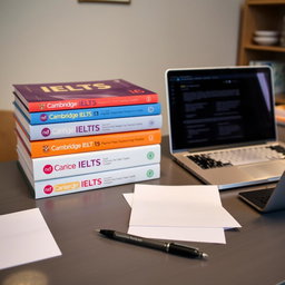 A neat study desk setup featuring three IELTS preparation books: Cambridge IELTS 13, 14, and 16 stacked on top of each other