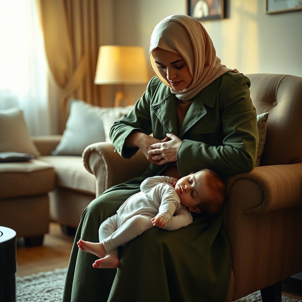 A highly detailed and realistic depiction of a living room scene bathed in soft, warm light