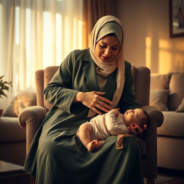 A highly detailed and realistic depiction of a living room scene bathed in soft, warm light