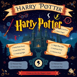 Create an engaging and visually captivating quiz about the Harry Potter series, featuring magical themes, including iconic symbols like wands, glasses, and the lightning bolt scar