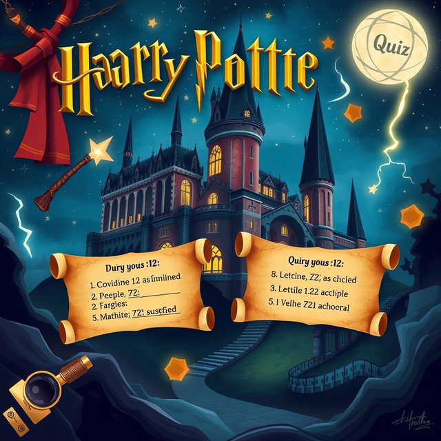 Create an engaging and visually captivating quiz about the Harry Potter series, featuring magical themes, including iconic symbols like wands, glasses, and the lightning bolt scar