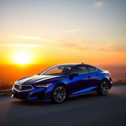 A stunning blue 2025 Acura CL coupe, now known as the CLX, parked on a scenic overlook with a beautiful sunset in the background