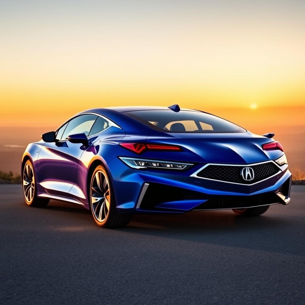 A stunning blue 2025 Acura CL coupe, now known as the CLX, parked on a scenic overlook with a beautiful sunset in the background