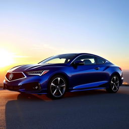 A stunning blue 2025 Acura CL coupe, now known as the CLX, parked on a scenic overlook with a beautiful sunset in the background