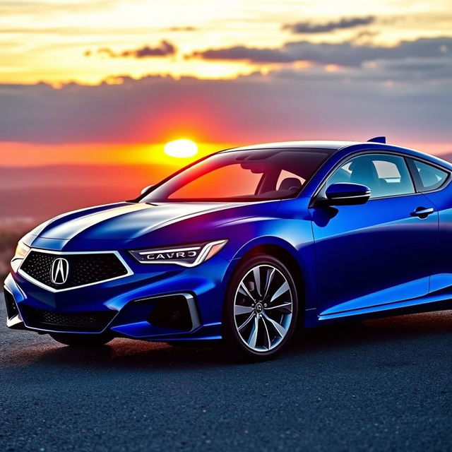 A stunning blue 2025 Acura CL coupe, now known as the CLX, parked on a scenic overlook with a beautiful sunset in the background