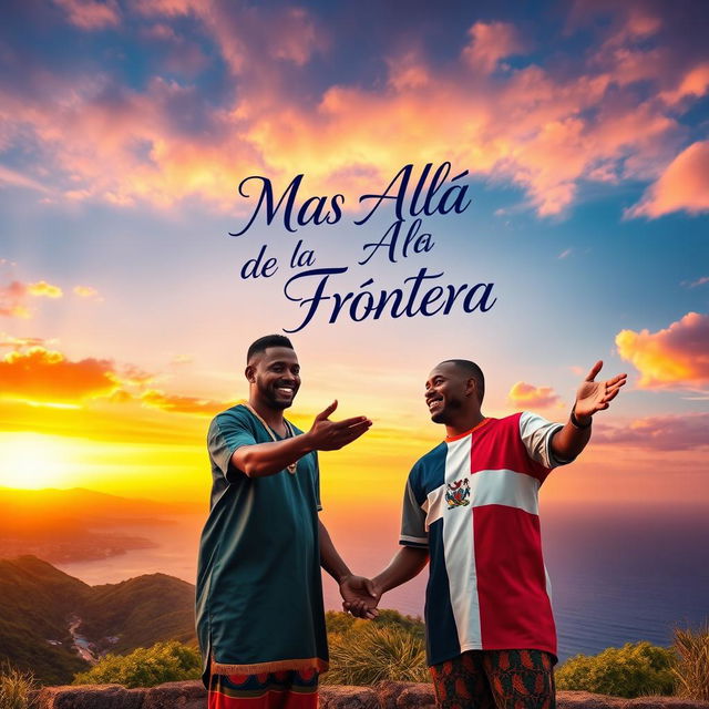 A beautifully powerful scene depicting unity between Haitian and Dominican cultures, set against a stunning backdrop of a vibrant border landscape