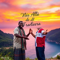 A beautifully powerful scene depicting unity between Haitian and Dominican cultures, set against a stunning backdrop of a vibrant border landscape