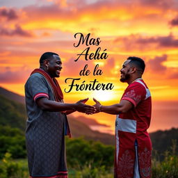 A beautifully powerful scene depicting unity between Haitian and Dominican cultures, set against a stunning backdrop of a vibrant border landscape
