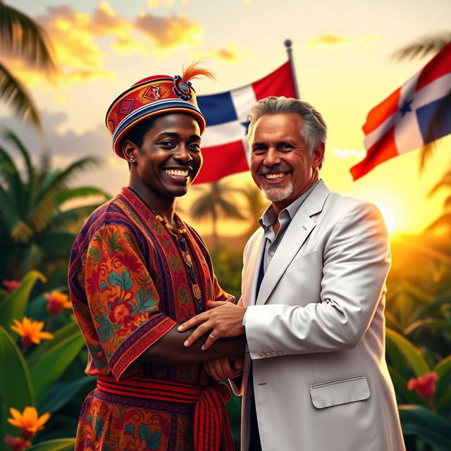 A vibrant and heartfelt scene titled "Más allá de la frontera" depicting the unity between a Haitian and a Dominican person