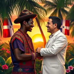 A vibrant and heartfelt scene titled "Más allá de la frontera" depicting the unity between a Haitian and a Dominican person
