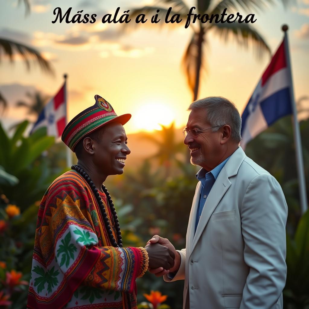 A vibrant and heartfelt scene titled "Más allá de la frontera" depicting the unity between a Haitian and a Dominican person