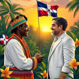 A vibrant and heartfelt scene titled "Más allá de la frontera" depicting the unity between a Haitian and a Dominican person