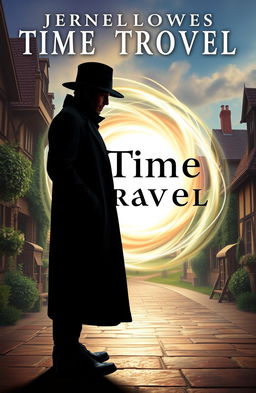 A book cover design for a time travel theme, featuring a mysterious figure in a shadowy silhouette, dressed in a long coat and hat, standing in front of a swirling time portal