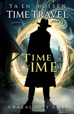 A book cover design for a time travel theme, featuring a mysterious figure in a shadowy silhouette, dressed in a long coat and hat, standing in front of a swirling time portal