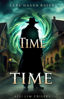 A book cover design for a time travel theme, featuring a mysterious figure in a shadowy silhouette, dressed in a long coat and hat, standing in front of a swirling time portal