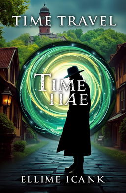 A book cover design for a time travel theme, featuring a mysterious figure in a shadowy silhouette, dressed in a long coat and hat, standing in front of a swirling time portal