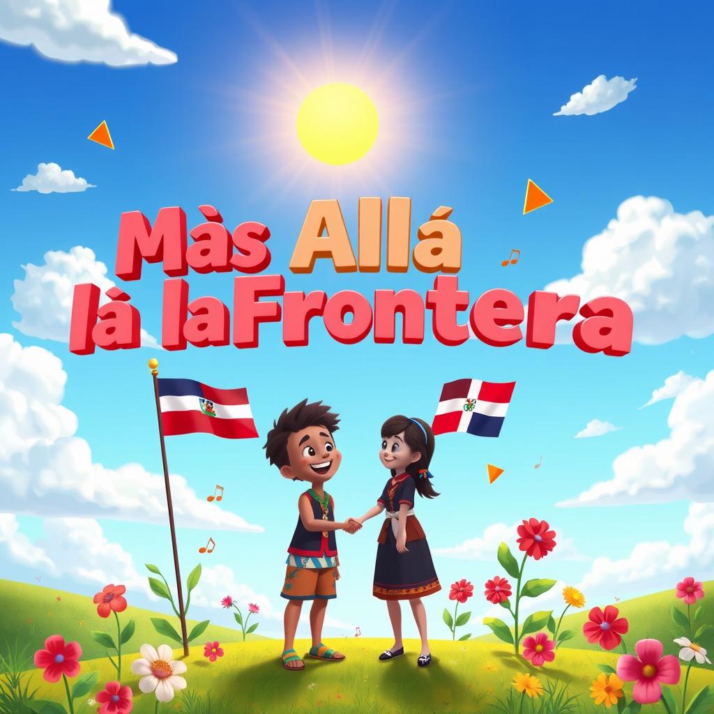 An animated scene depicting the unity between Haitian and Dominican cultures, set in a colorful and cheerful landscape