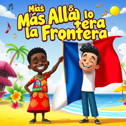 An eye-catching animated scene titled 'Más Allá de la Frontera' featuring two animated characters, a Haitian man and a Dominican man, standing side by side in a colorful and dynamic setting