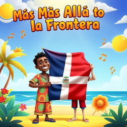 An eye-catching animated scene titled 'Más Allá de la Frontera' featuring two animated characters, a Haitian man and a Dominican man, standing side by side in a colorful and dynamic setting
