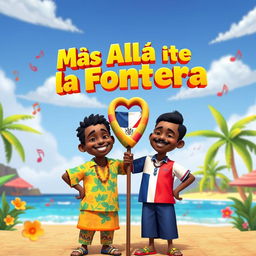 An eye-catching animated scene titled 'Más Allá de la Frontera' featuring two animated characters, a Haitian man and a Dominican man, standing side by side in a colorful and dynamic setting
