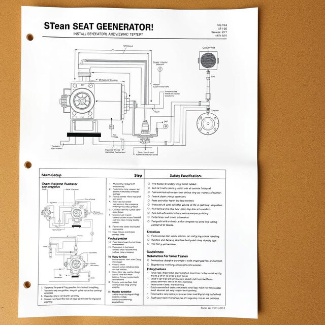 detailed installation plan for a steam generator, including diagrams for setup, equipment specifications, safety protocols, and maintenance guidelines, presented in a professional engineering document format with clear labels and instructional steps