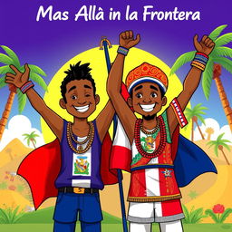 A striking and colorful illustration titled 'Más Allá de la Frontera' showcasing the unity between Haiti and the Dominican Republic