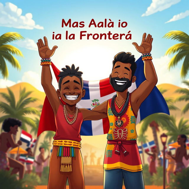 A striking and colorful illustration titled 'Más Allá de la Frontera' showcasing the unity between Haiti and the Dominican Republic