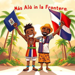 A striking and colorful illustration titled 'Más Allá de la Frontera' showcasing the unity between Haiti and the Dominican Republic
