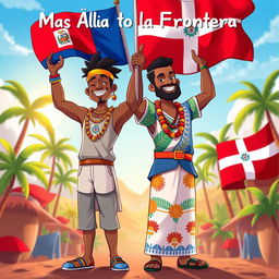 A striking and colorful illustration titled 'Más Allá de la Frontera' showcasing the unity between Haiti and the Dominican Republic