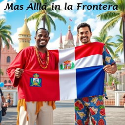 A captivating and vibrant scene titled 'Más Allá de la Frontera' featuring two real men, one Haitian and one Dominican, symbolizing the unity of their nations