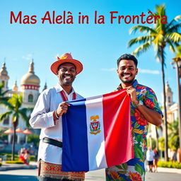 A captivating and vibrant scene titled 'Más Allá de la Frontera' featuring two real men, one Haitian and one Dominican, symbolizing the unity of their nations
