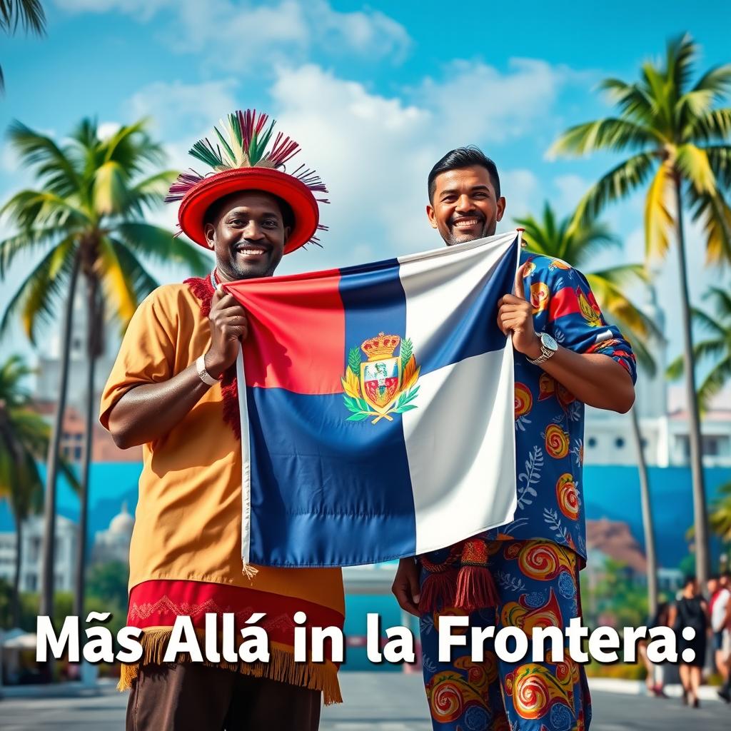 A captivating and vibrant scene titled 'Más Allá de la Frontera' featuring two real men, one Haitian and one Dominican, symbolizing the unity of their nations