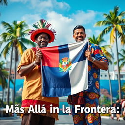 A captivating and vibrant scene titled 'Más Allá de la Frontera' featuring two real men, one Haitian and one Dominican, symbolizing the unity of their nations