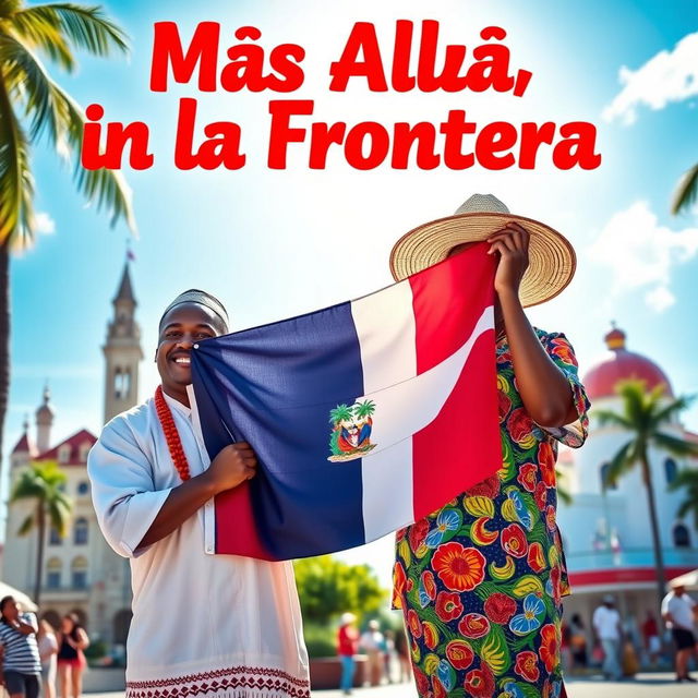 A captivating and vibrant scene titled 'Más Allá de la Frontera' featuring two real men, one Haitian and one Dominican, symbolizing the unity of their nations