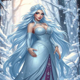 A stunning, voluptuous character inspired by the icy world of a fairy tale, featuring long, flowing hair resembling ice and snow, adorned with a beautiful, shimmering gown that reflects the colors of a winter landscape