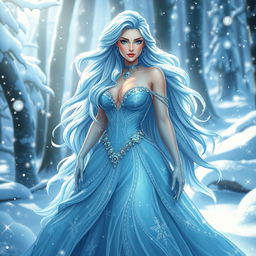 A stunning, voluptuous character inspired by the icy world of a fairy tale, featuring long, flowing hair resembling ice and snow, adorned with a beautiful, shimmering gown that reflects the colors of a winter landscape