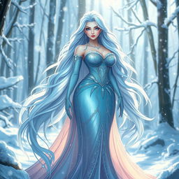 A stunning, voluptuous character inspired by the icy world of a fairy tale, featuring long, flowing hair resembling ice and snow, adorned with a beautiful, shimmering gown that reflects the colors of a winter landscape