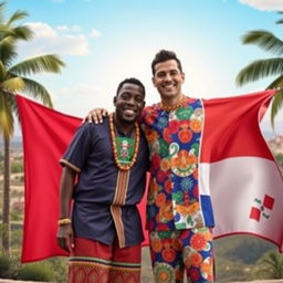 A vibrant and captivating scene titled 'Más Allá de la Frontera' featuring two real men, one Haitian and one Dominican, symbolizing the unity of their nations