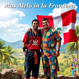 A vibrant and captivating scene titled 'Más Allá de la Frontera' featuring two real men, one Haitian and one Dominican, symbolizing the unity of their nations