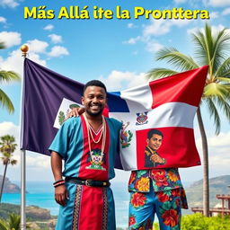 A vibrant and captivating scene titled 'Más Allá de la Frontera' featuring two real men, one Haitian and one Dominican, symbolizing the unity of their nations