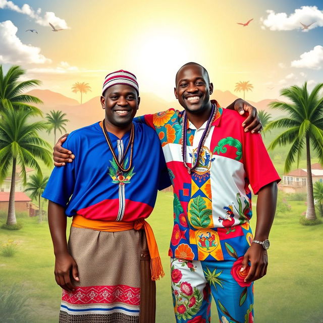 A vibrant and captivating scene titled 'Más Allá de la Frontera' featuring two real men, one Haitian and one Dominican, symbolizing the unity of their nations