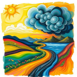 A vibrant, abstract representation of a journey through emotions, featuring a winding road surrounded by colorful landscapes symbolizing various emotions