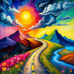 A vibrant, abstract representation of a journey through emotions, featuring a winding road surrounded by colorful landscapes symbolizing various emotions