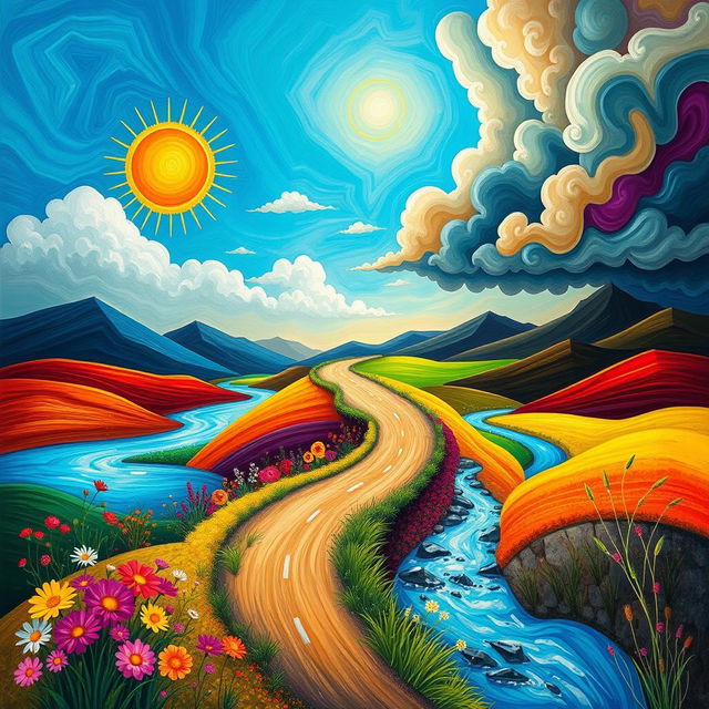 A vibrant, abstract representation of a journey through emotions, featuring a winding road surrounded by colorful landscapes symbolizing various emotions